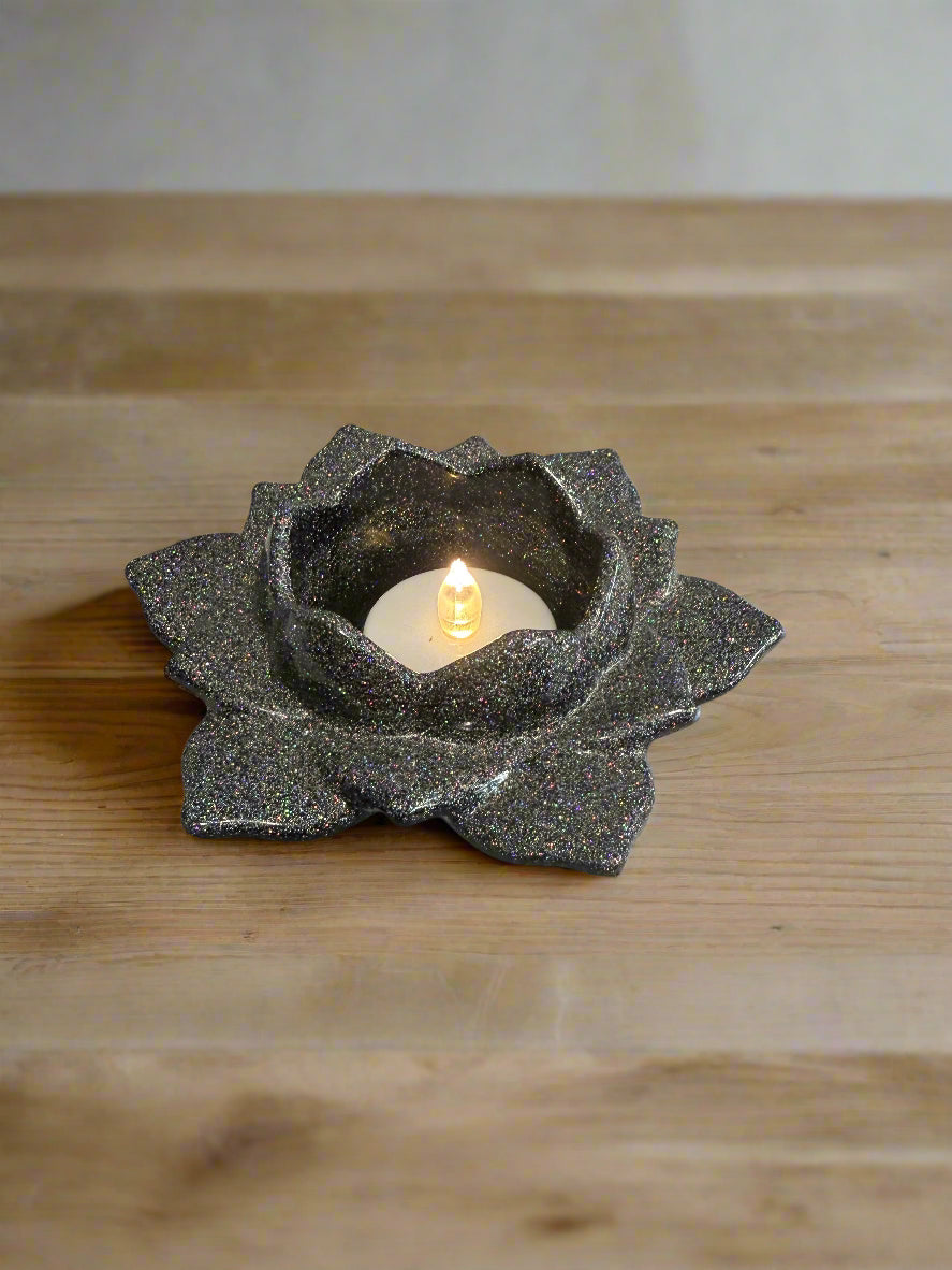 Resin Art Black Rainbow Sparkle Votive Candle Holder The candle comes with a votive LED tea light that flickers like a flame.