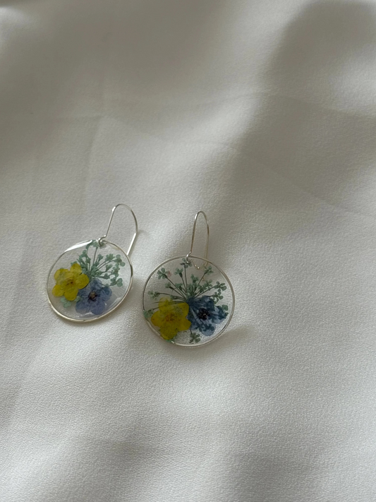Resin Art Earrings Made With Real Blue and Yellow Forget me Nots. With 925 Sterling Silver Plated Hooks