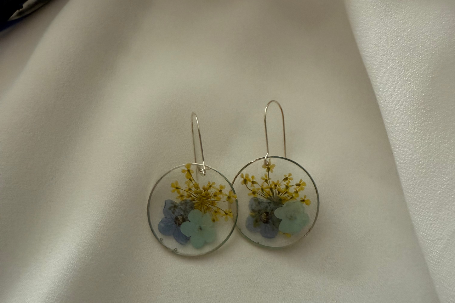 Resin Art Earrings Made With Real Blue Forget me Nots. With 925 Sterling Silver Plated Hooks