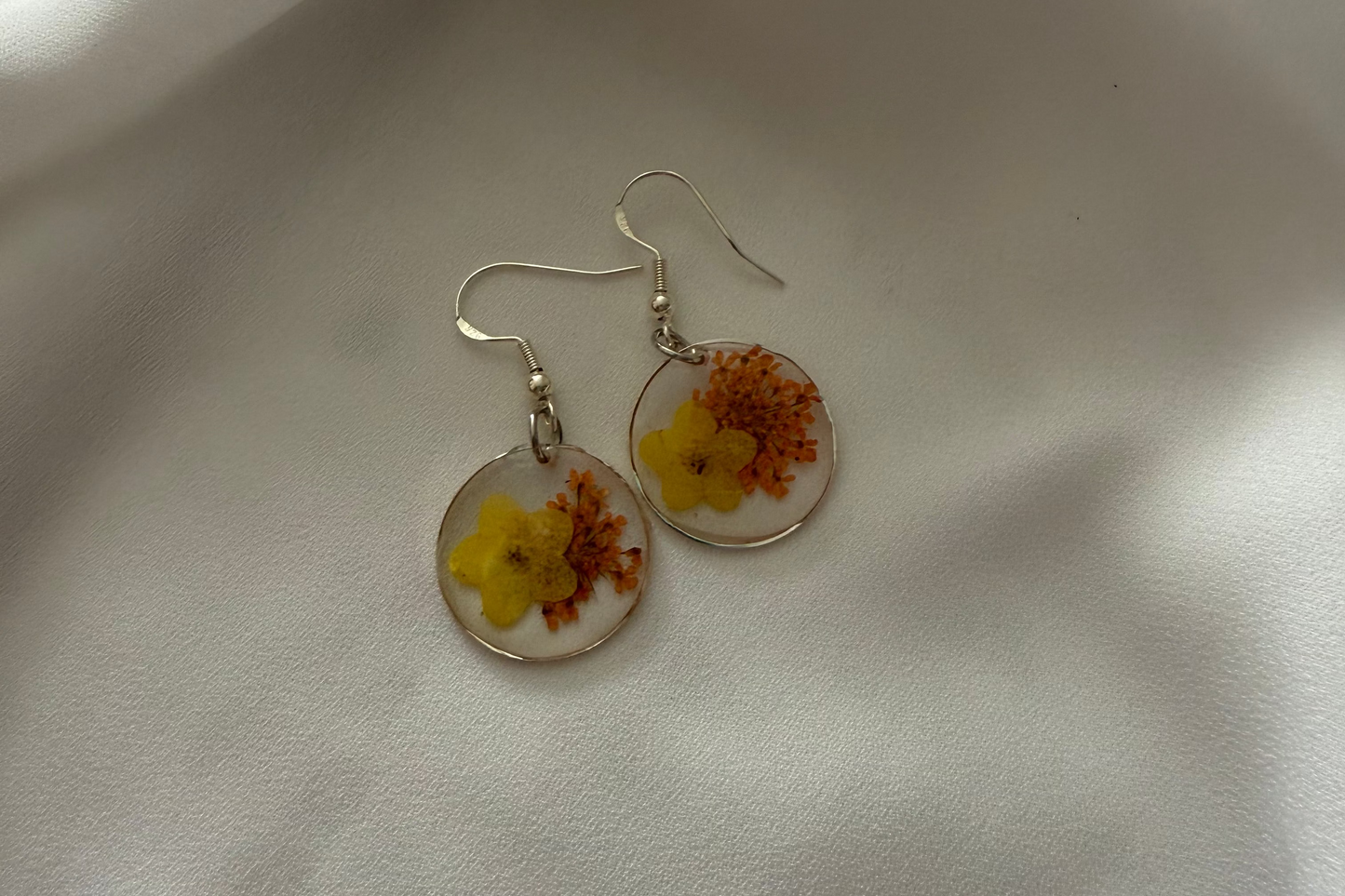 Resin Art Earrings Made With Real Yellow Forget me Nots. With 925 Sterling Silver Plated Hooks