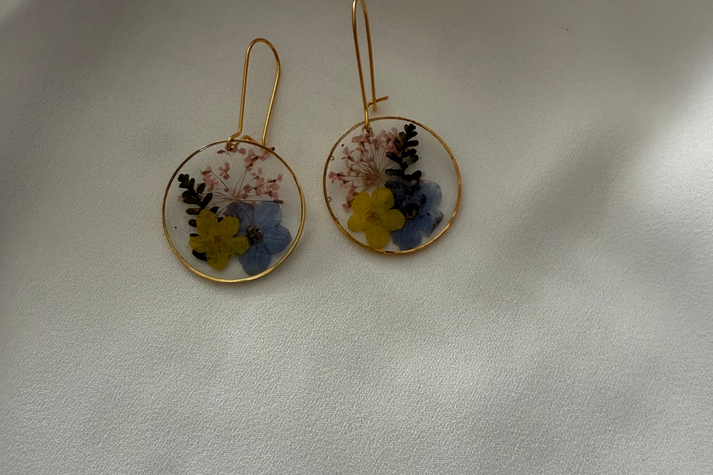 Resin Art Earrings Made With Real Yellow and Blue Forget me Nots. Gold Hooks