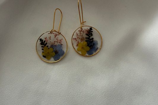 Resin Art Earrings Made With Real Yellow and Blue Forget me Nots. Gold Hooks