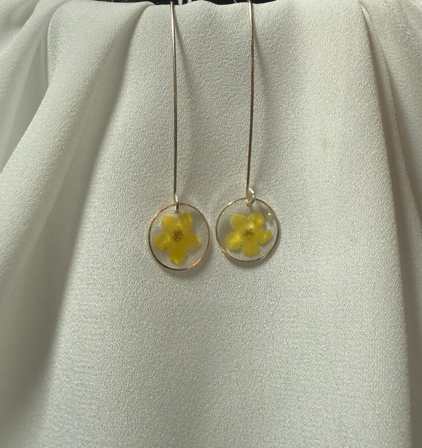 Resin Art Dangle Earrings. Made With Real Yellow Forget Me Nots With 925 Sterling Silver Plated Hooks
