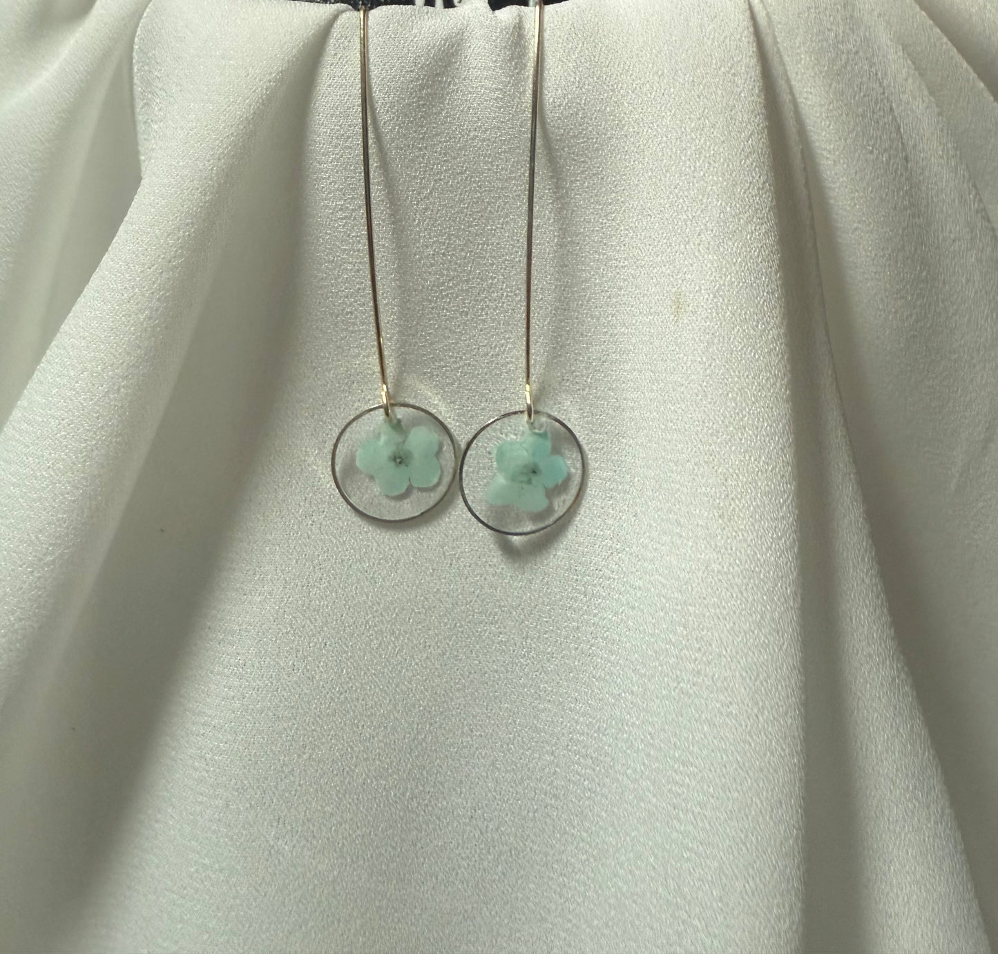 Resin Art Dangle Earrings. Made With Real Blue Forget Me Nots With 925 Sterling Silver Plated Hooks