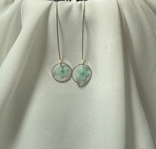 Resin Art Dangle Earrings. Made With Real Blue Forget Me Nots With 925 Sterling Silver Plated Hooks