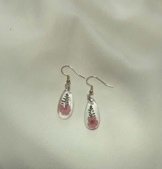 Resin Art Earrings Made With Real Pink Forget Me Nots With 925 Sterling Silver Plated Hooks