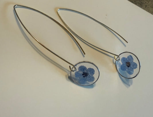 Resin Art Dangle Earrings. Made With Real Blue Forget Me Nots With 925 Sterling Silver Plated Hooks