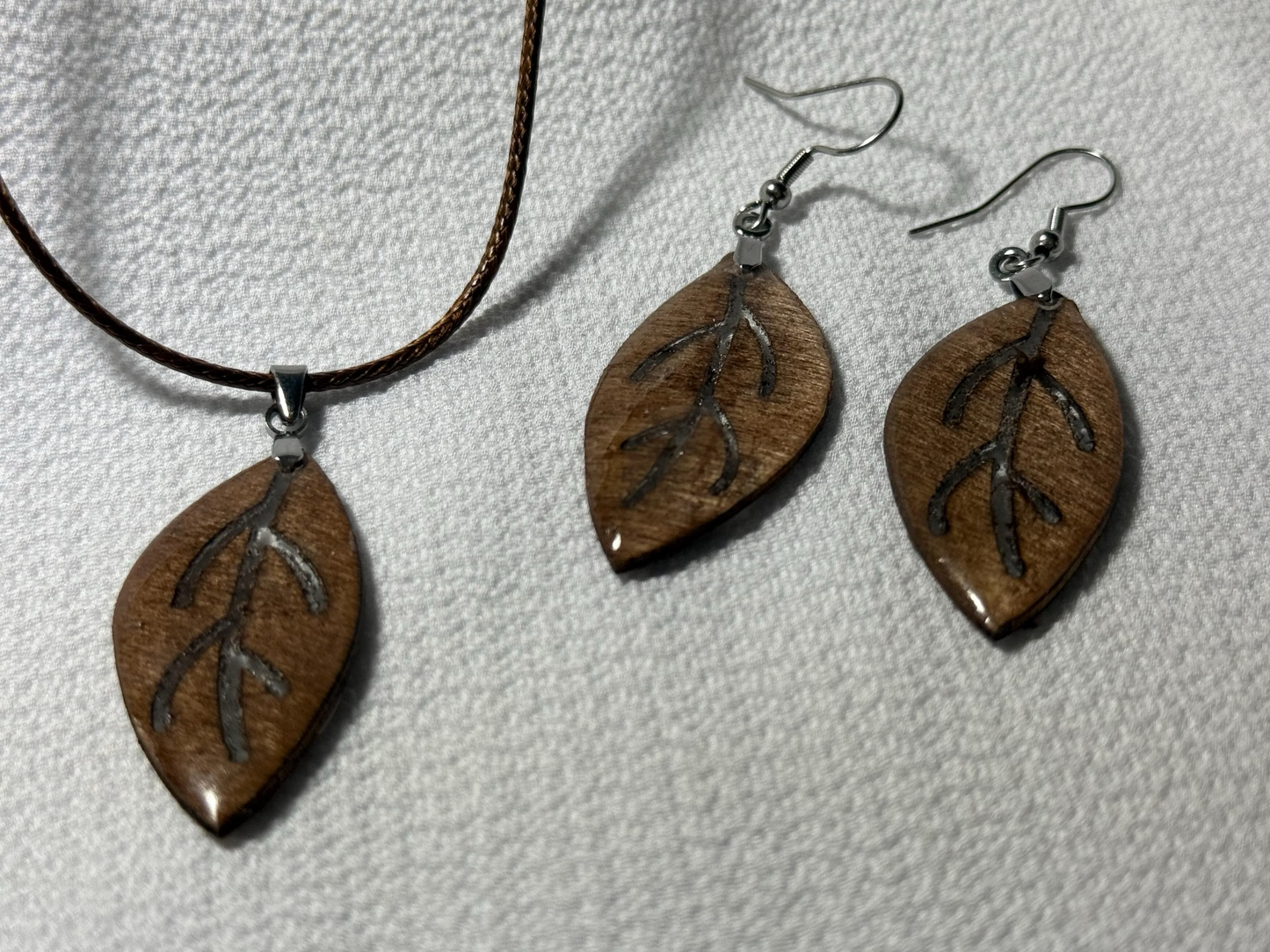 Wooden Resin Art Leaf Earring Necklace Set. With 925 Sterling Silver Plated Hooks